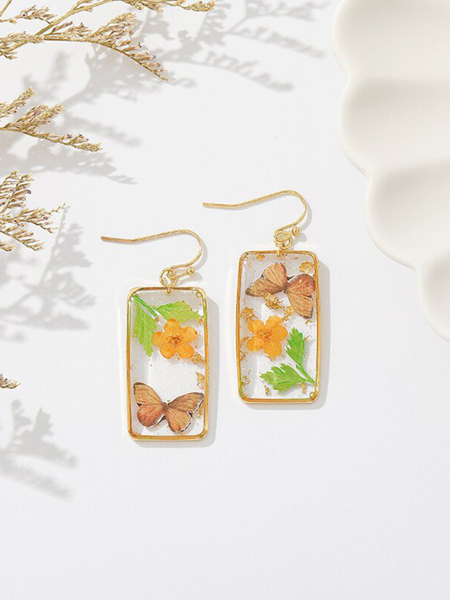 Resin Pressed Flower Earrings - Rectangular Butterfly & Forget Me Not