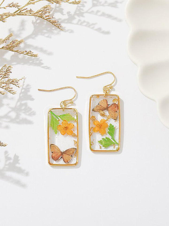 Resin Pressed Flower Earrings - Rectangular Butterfly & Forget Me Not