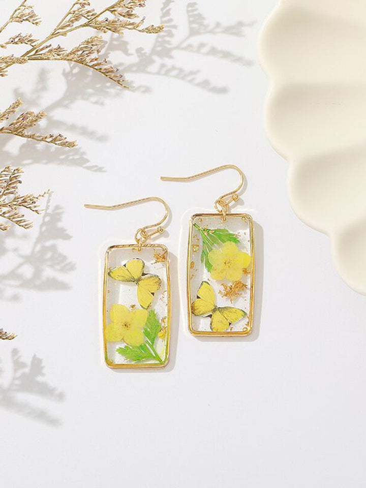 Resin Pressed Flower Earrings - Rectangular Butterfly & Forget Me Not