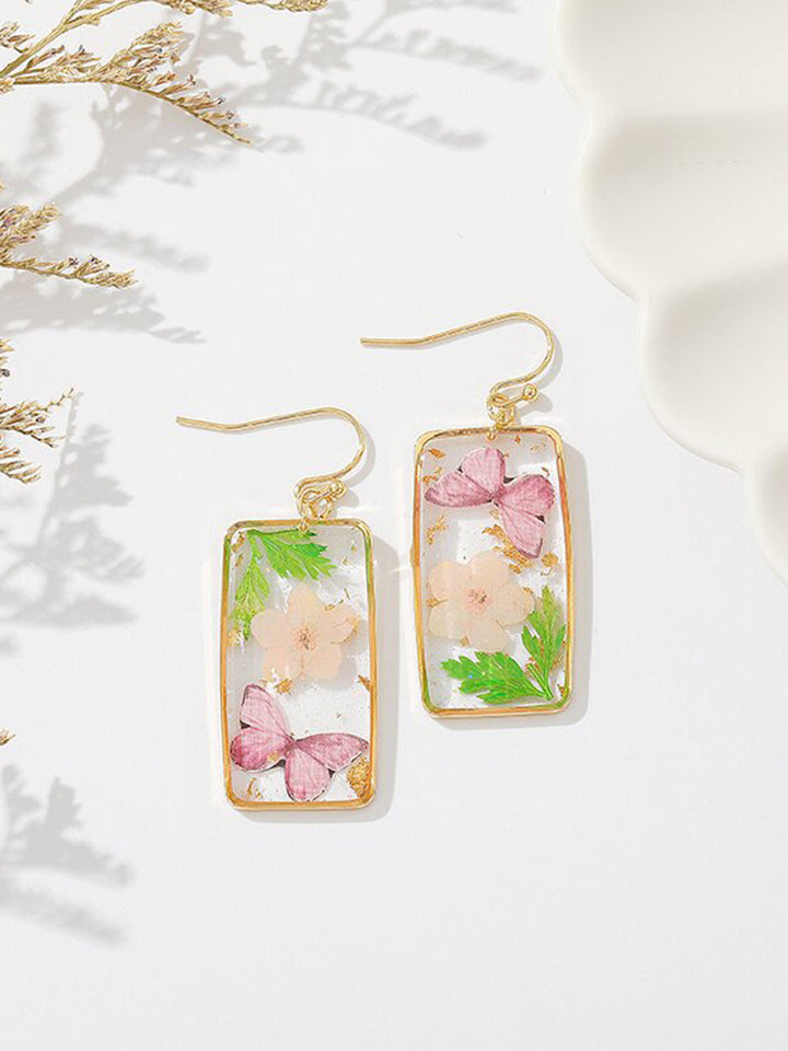 Resin Pressed Flower Earrings - Rectangular Butterfly & Forget Me Not