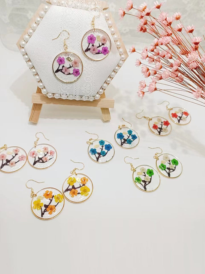 Resin Pressed Flower Earrings - Branch Plum & Butterfly
