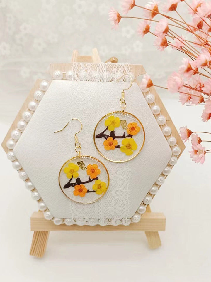 Resin Pressed Flower Earrings - Branch Plum & Butterfly
