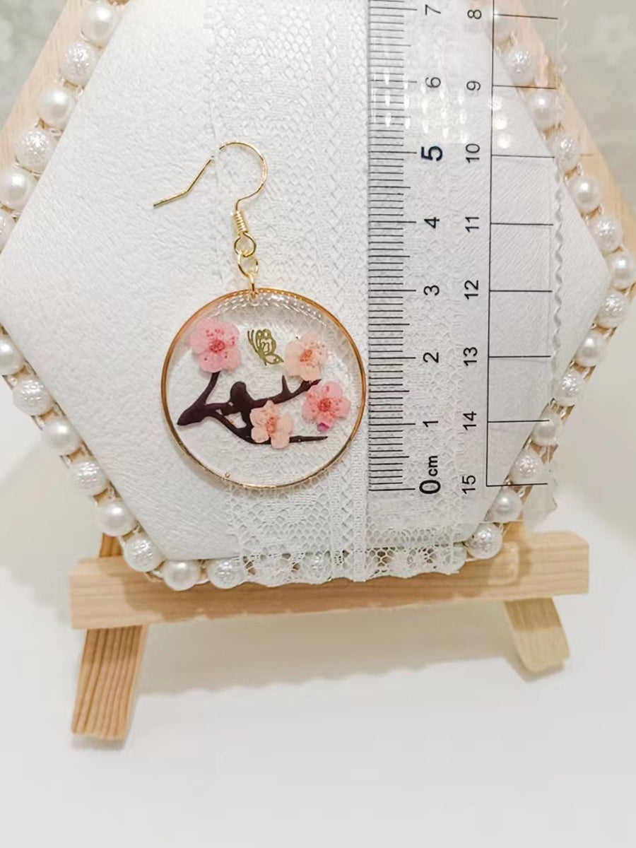 Resin Pressed Flower Earrings - Branch Plum & Butterfly