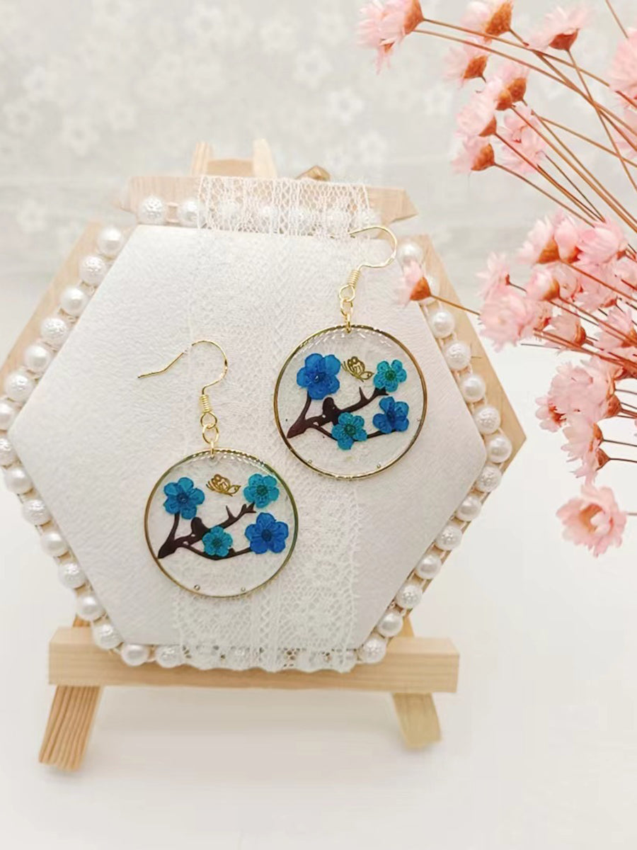 Resin Pressed Flower Earrings - Branch Plum & Butterfly