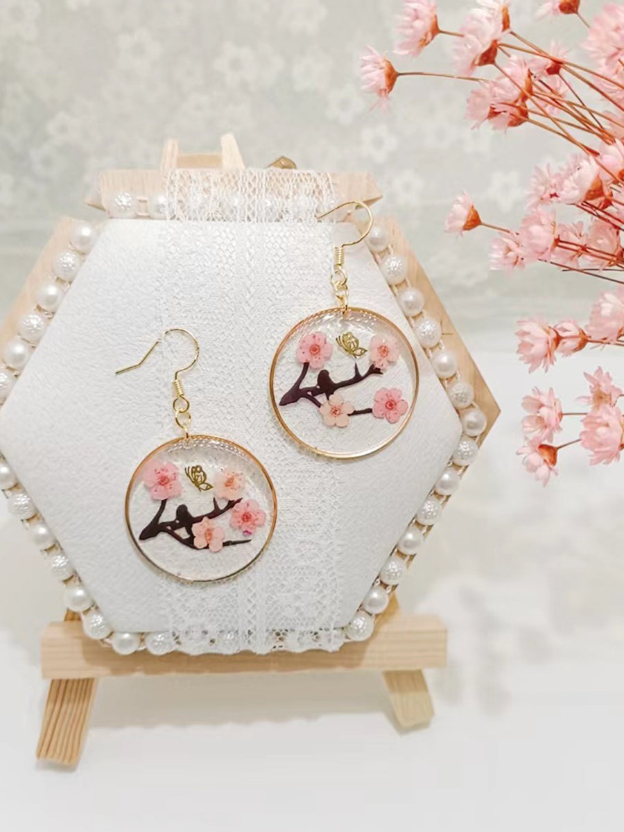 Resin Pressed Flower Earrings - Branch Plum & Butterfly