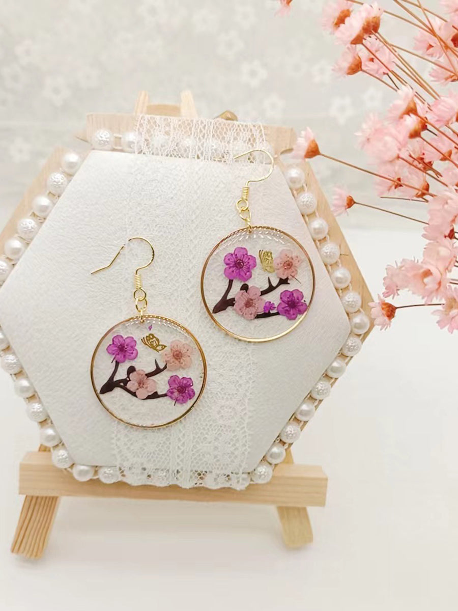 Resin Pressed Flower Earrings - Branch Plum & Butterfly