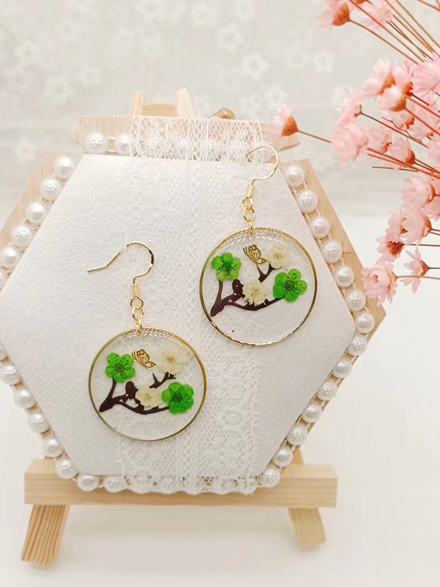 Resin Pressed Flower Earrings - Branch Plum & Butterfly