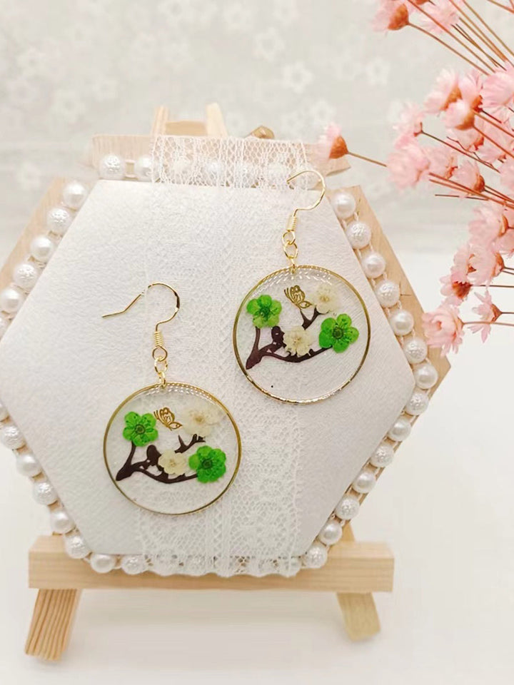 Resin Pressed Flower Earrings - Branch Plum & Butterfly