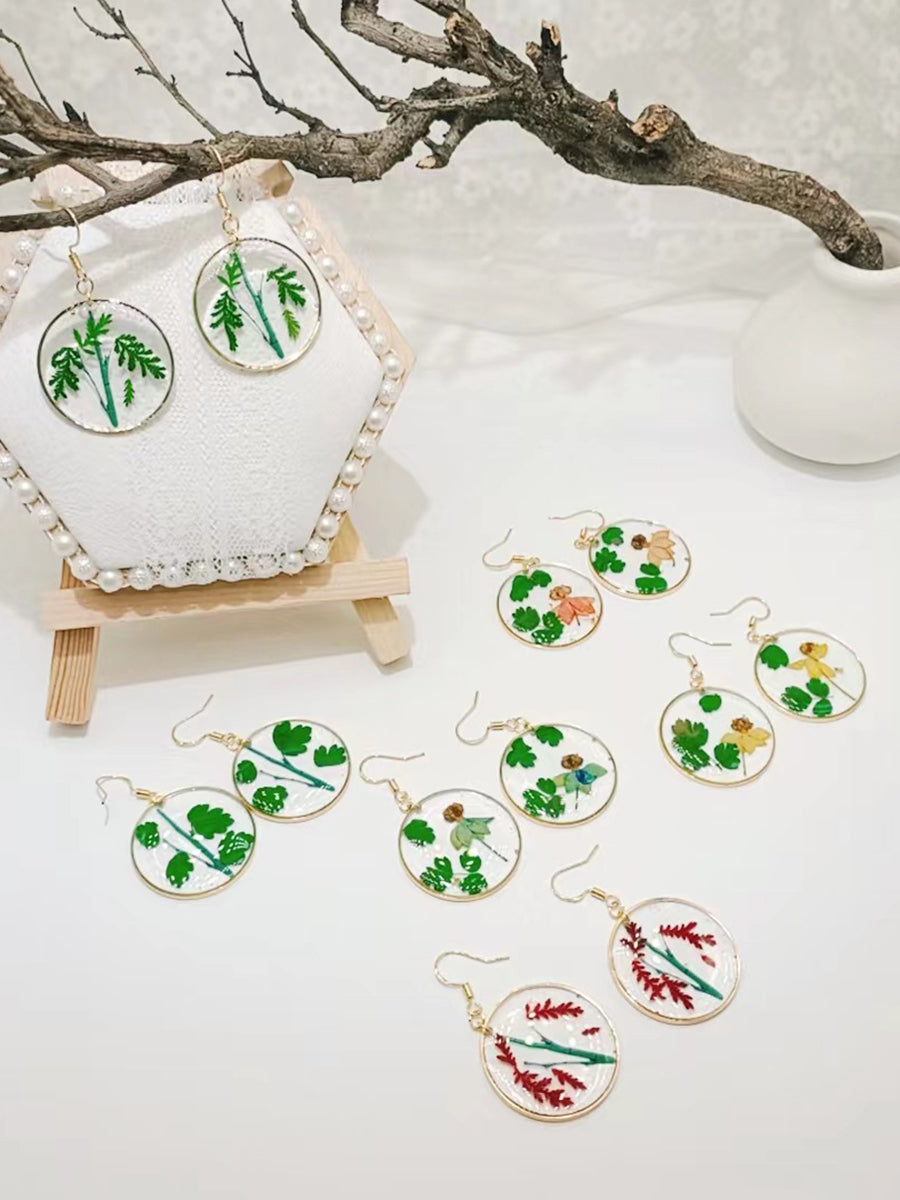 Resin Pressed Flower Earrings - Bamboo & Meadow Rue Leaves