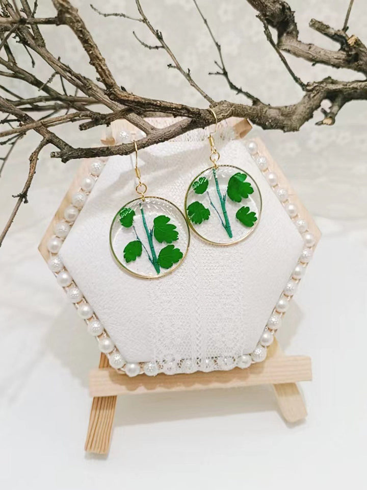 Resin Pressed Flower Earrings - Bamboo & Meadow Rue Leaves