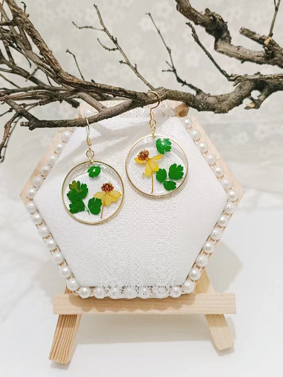 Resin Pressed Flower Earrings - Dancing-Doll & Meadow Rue Leaves