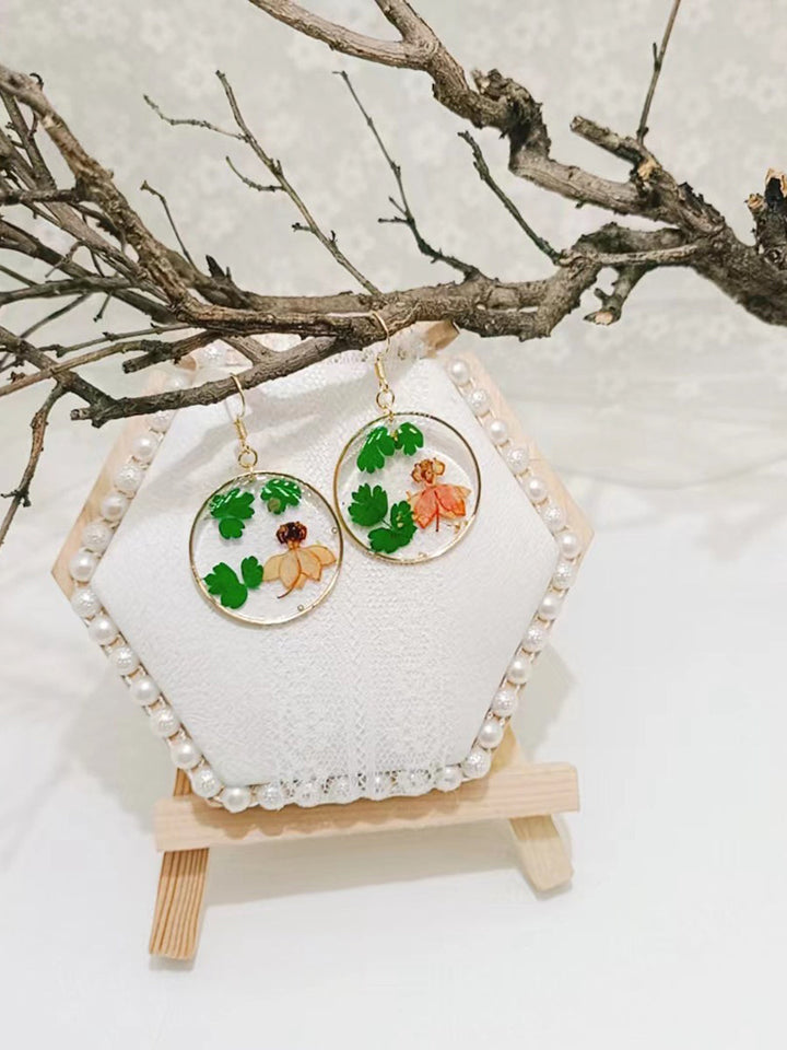Resin Pressed Flower Earrings - Dancing-Doll & Meadow Rue Leaves