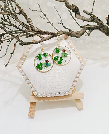 Resin Pressed Flower Earrings - Dancing-Doll & Meadow Rue Leaves