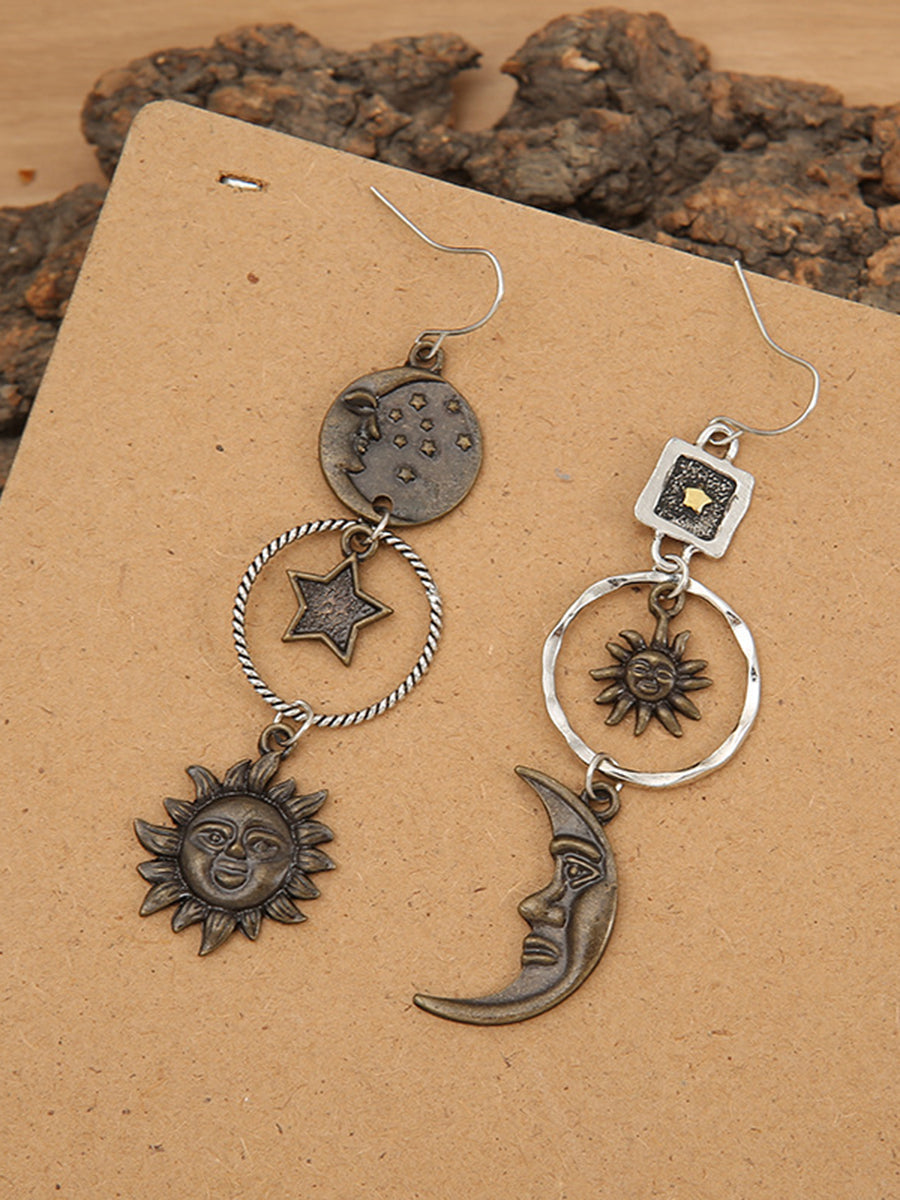 Boho Earrings - Bronze Tassel Sun Moon Asymmetrical