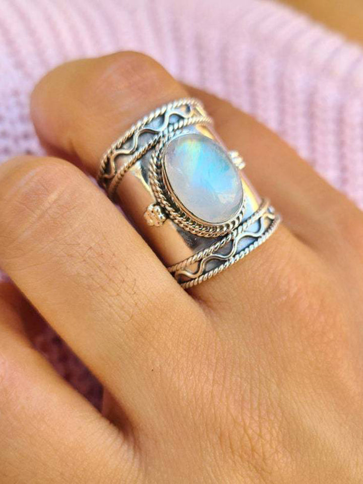 Boho Rings - Water Wave Rainbow Moonstone