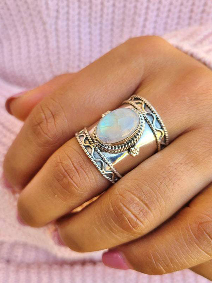 Boho Rings - Water Wave Rainbow Moonstone