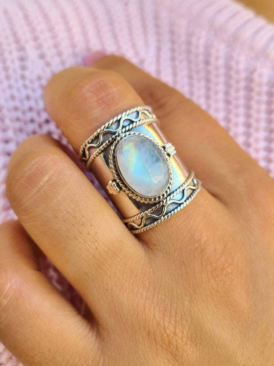 Boho Rings - Water Wave Rainbow Moonstone