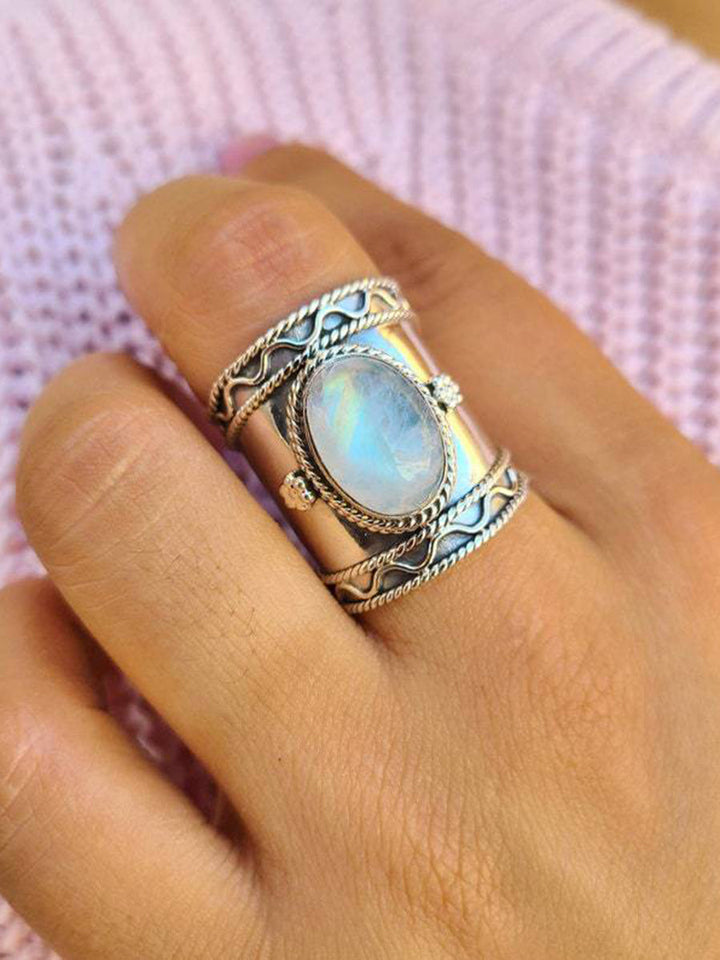 Boho Rings - Water Wave Rainbow Moonstone
