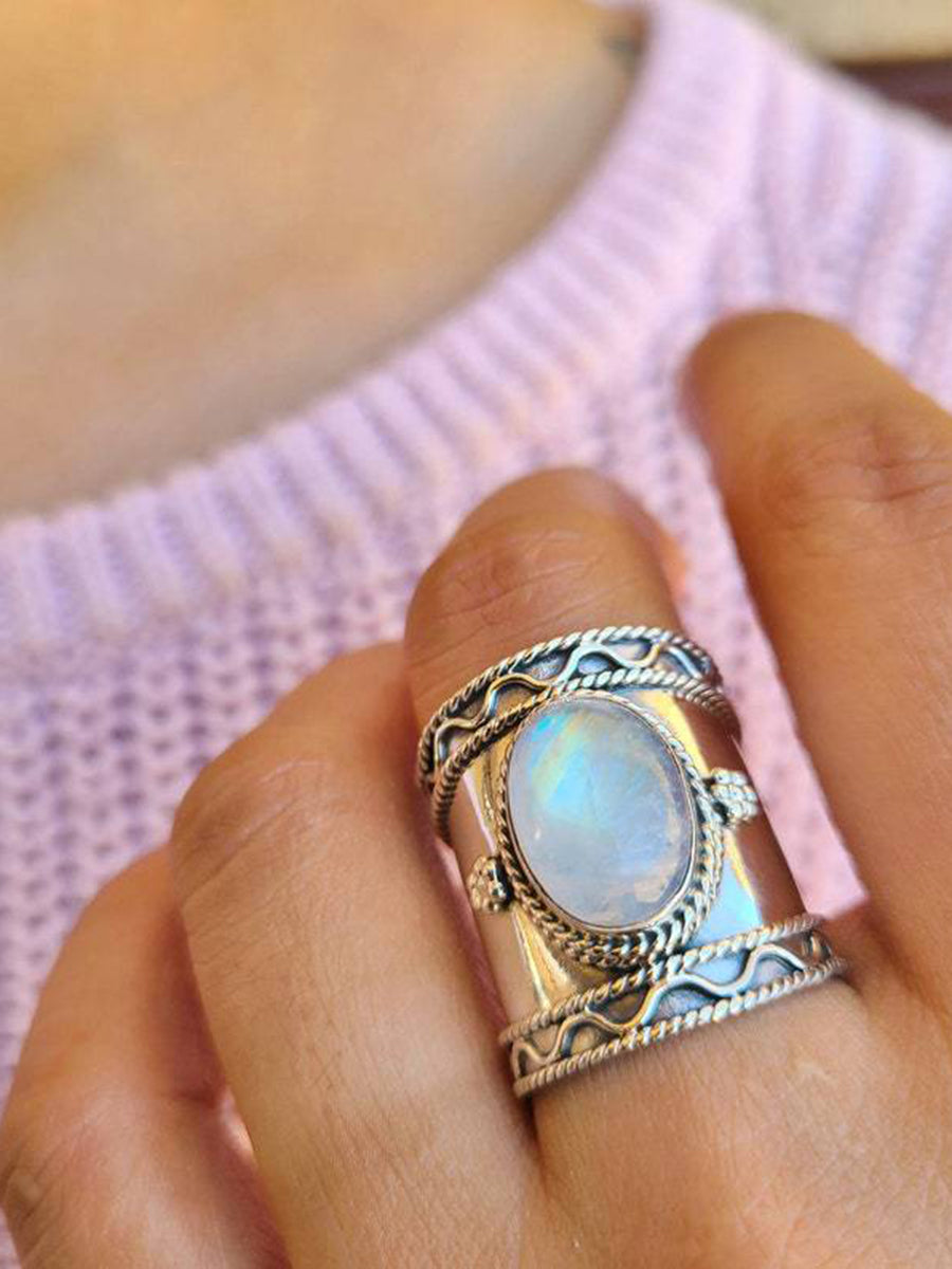 Boho Rings - Water Wave Rainbow Moonstone