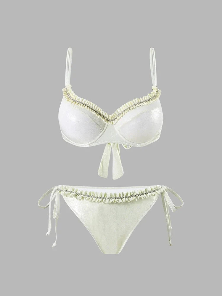 Ruched Tie-String Glossy White Bikini Set