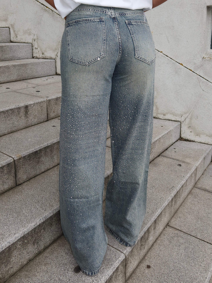 Vintage Washed Diamanté Wide Leg Denim Jeans