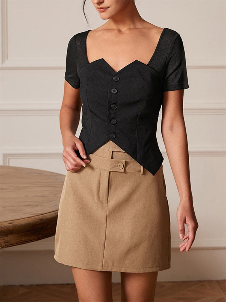 Tailored Button-Front Straight Mini Skirt