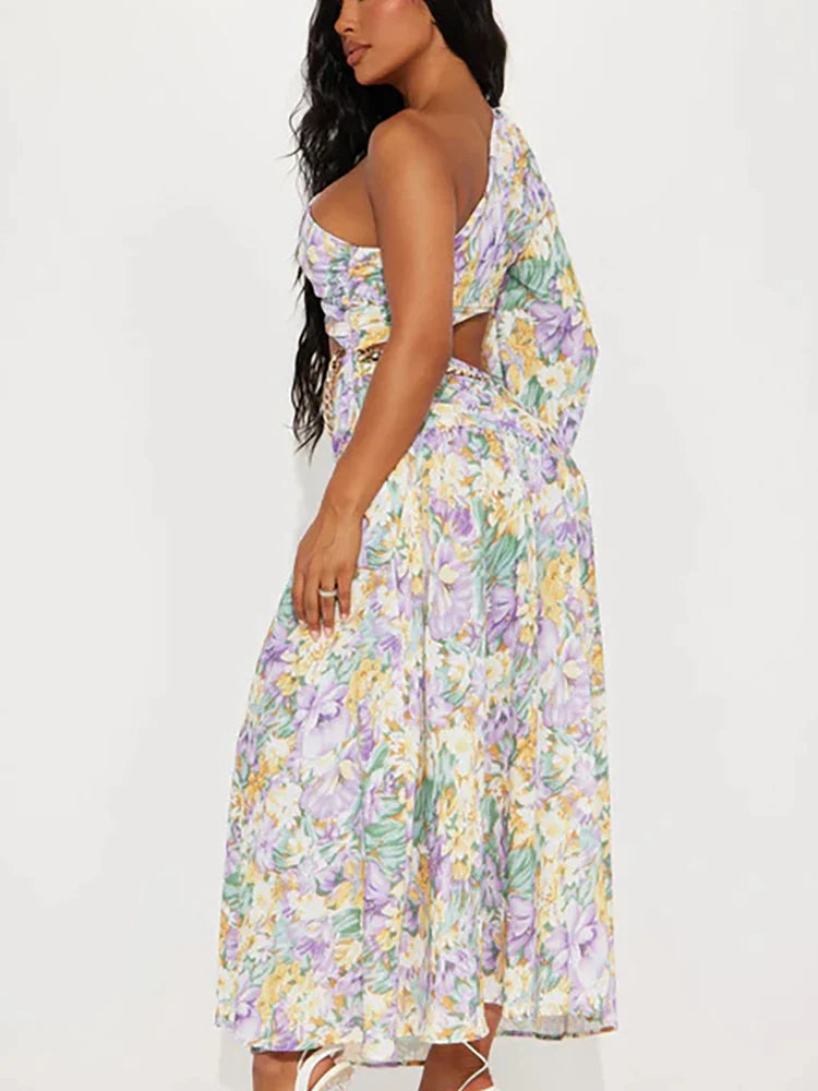One Shoulder Cutout Floral Swimsuit Set