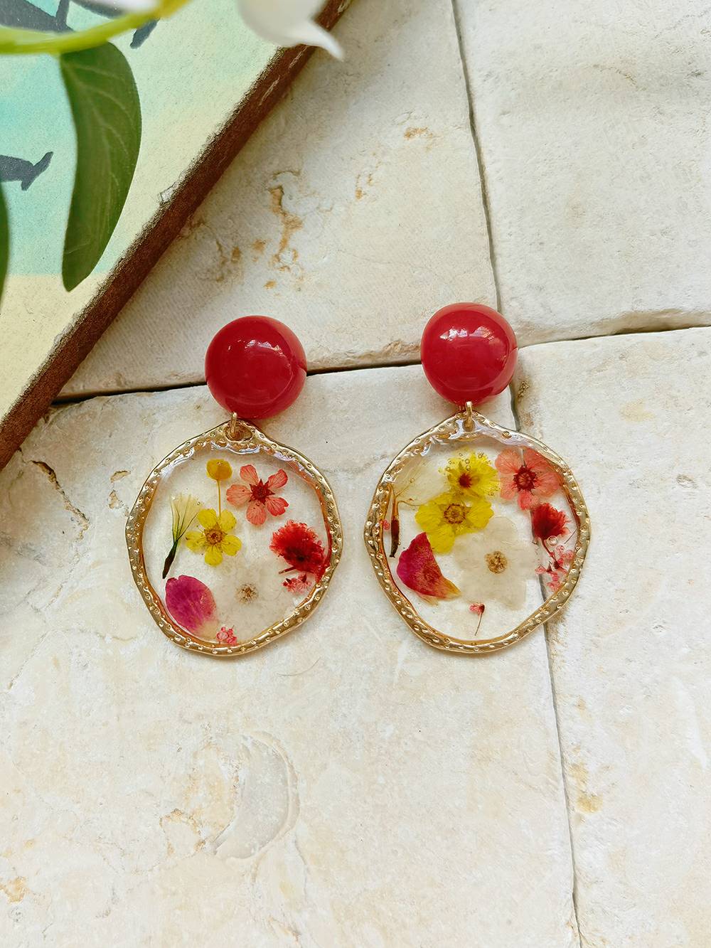 Resin Pressed Flower Earrings - Red Garden Party