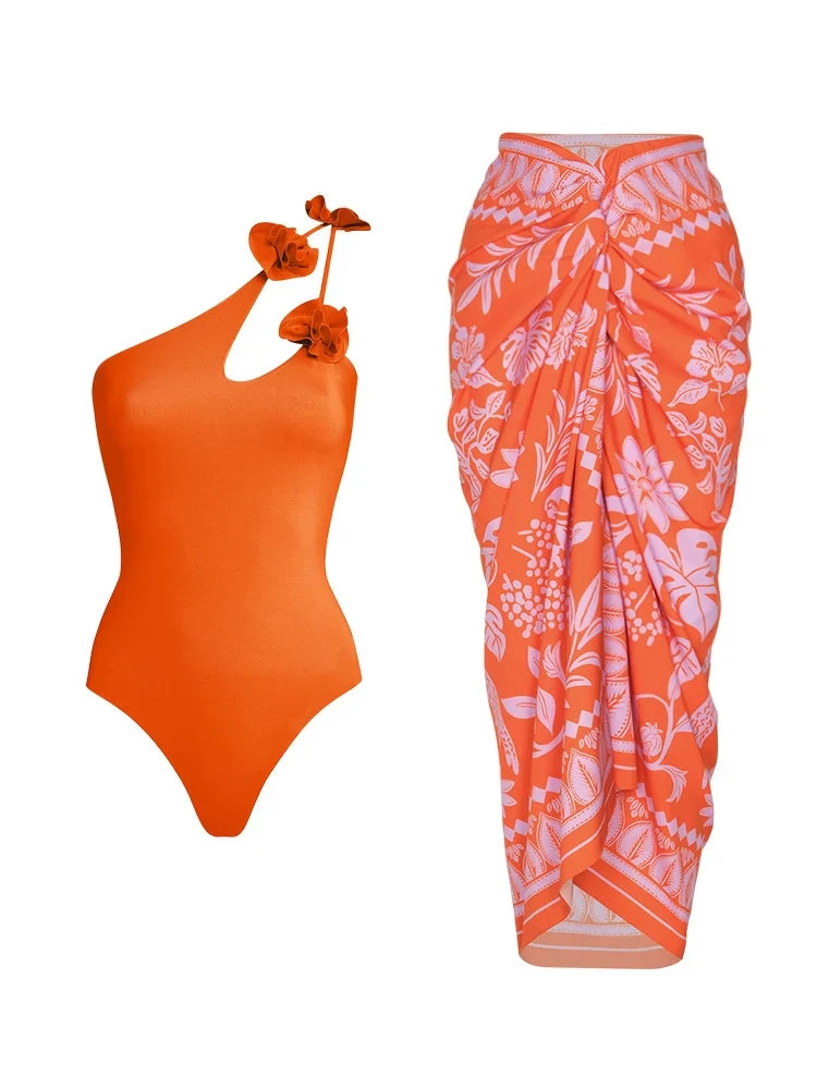 Floral One Shoulder Cutout Swimsuit Set