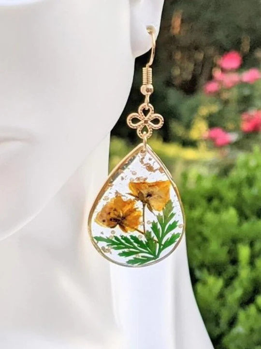 Resin Pressed Flower Earrings - Peace Knot Roses & Ferns