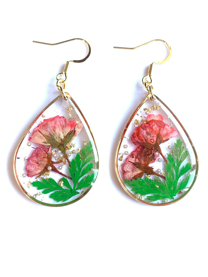 Resin Pressed Flower Earrings - Peace Knot Roses & Ferns