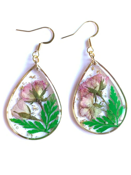 Resin Pressed Flower Earrings - Peace Knot Roses & Ferns