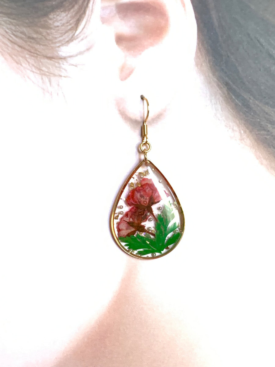 Resin Pressed Flower Earrings - Peace Knot Roses & Ferns