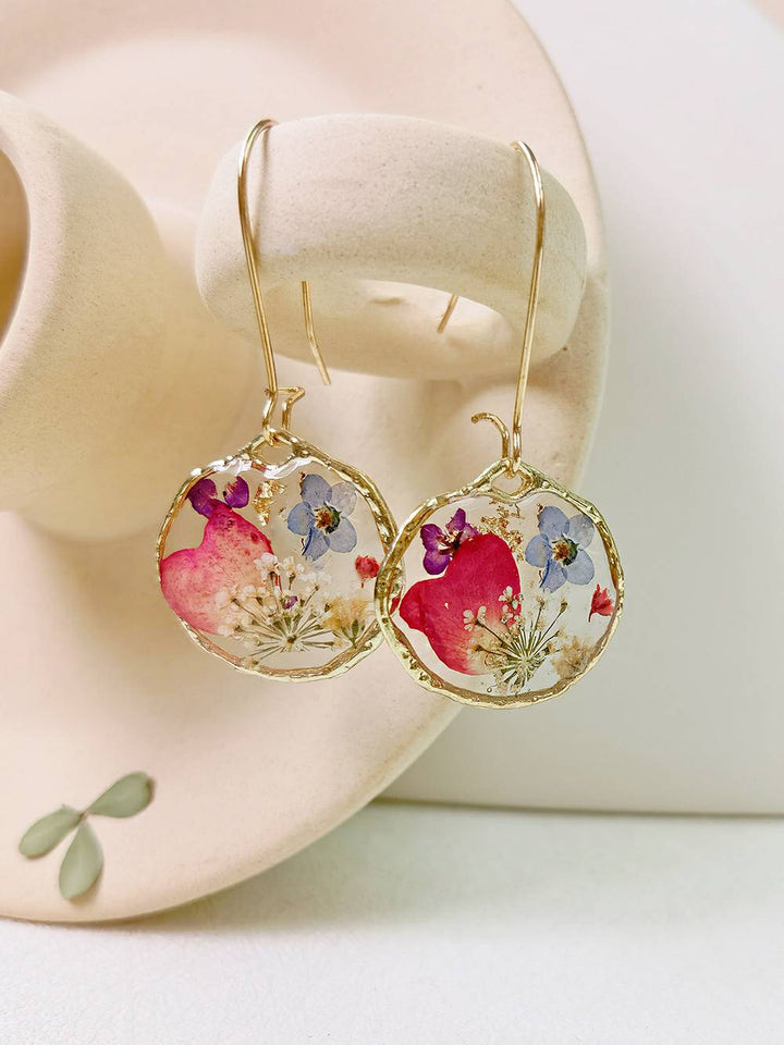 Resin Pressed Flower Earrings - Rose Petal Garden