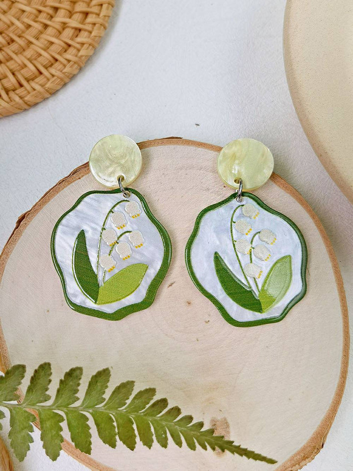 Cute Earrings Floral Design - Green Leaf Acrylic tulip