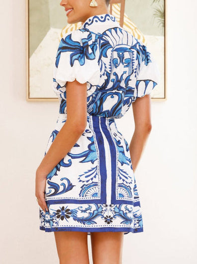 Exquisite Painted Floral Print Puff Sleeve Loose Shirt