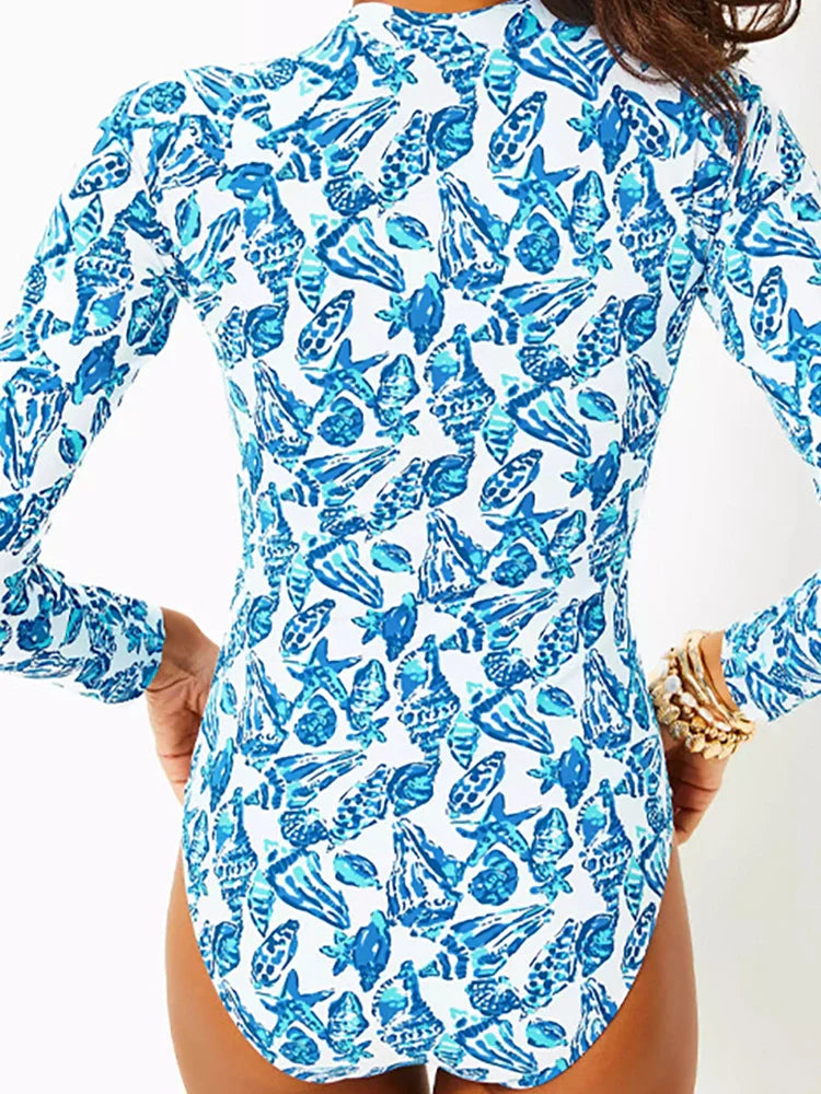 Green Zip-Up Floral Surf Swimsuit Set