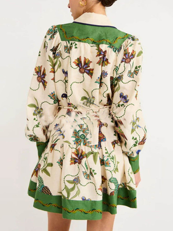 Unique Print Color Match Balloon Sleeve Shirt Mini Dress