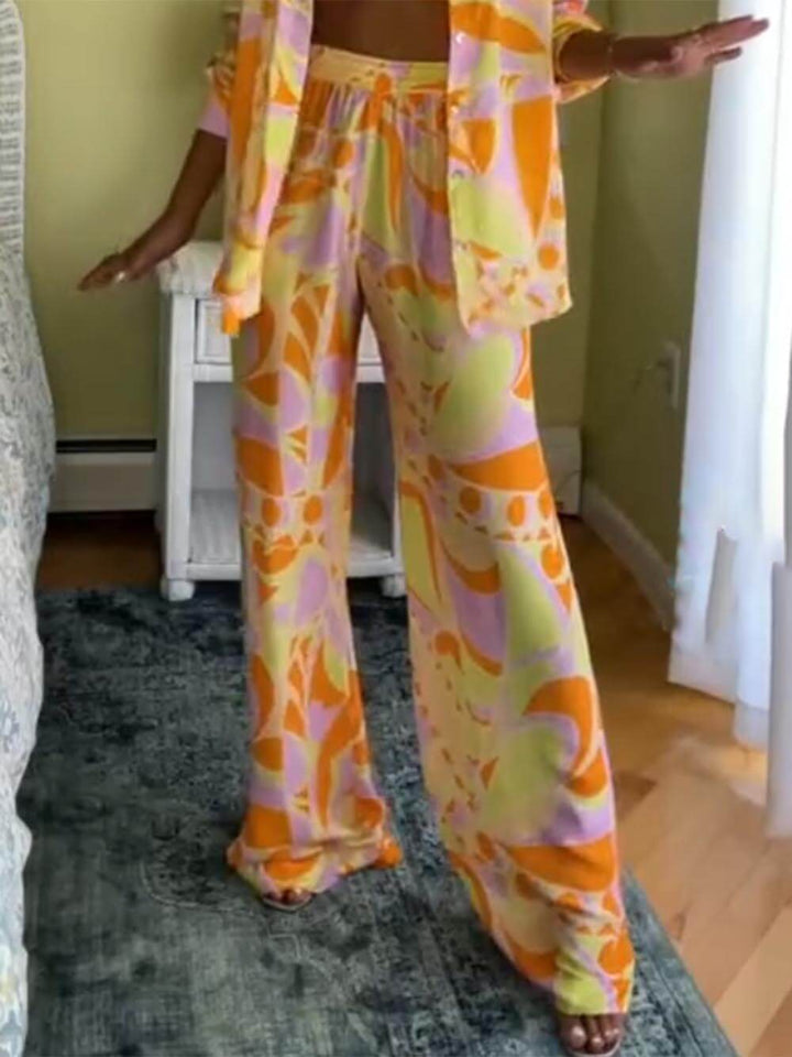 Classic Print Loose Waist Elastic Pocket Pants-Set