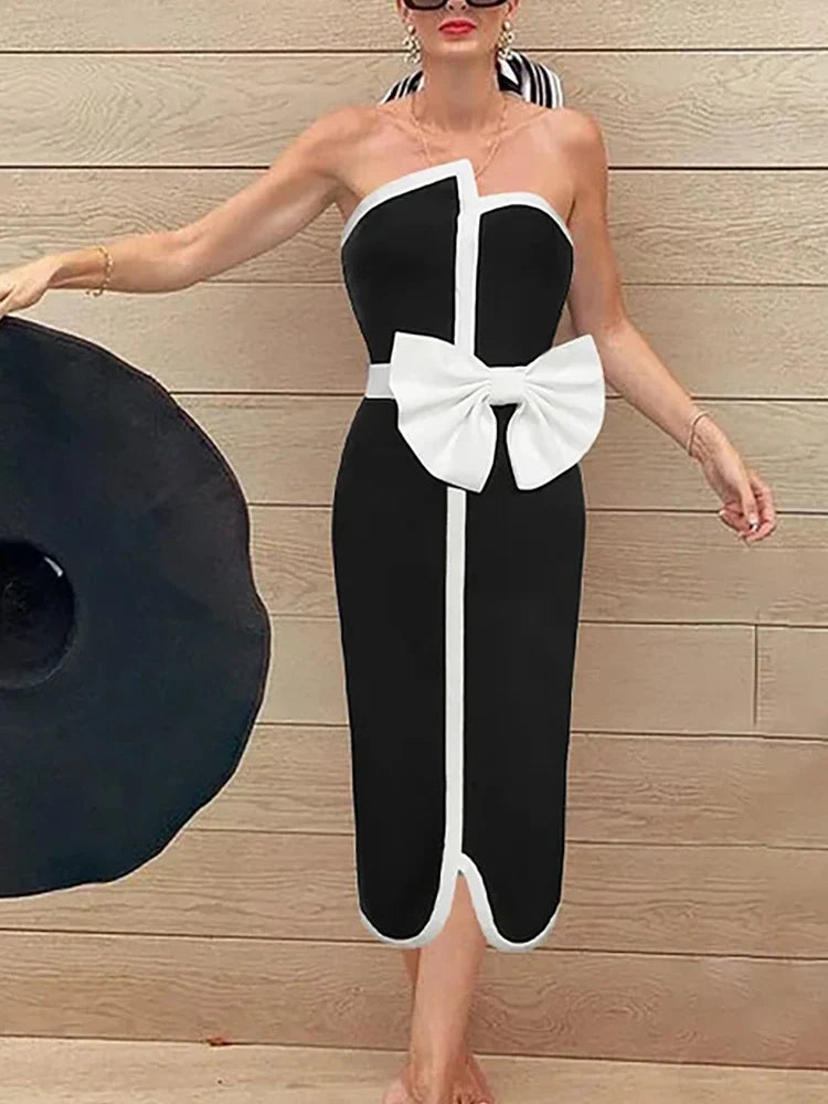Strapless Colorblock Bow One-Piece Swimsuit