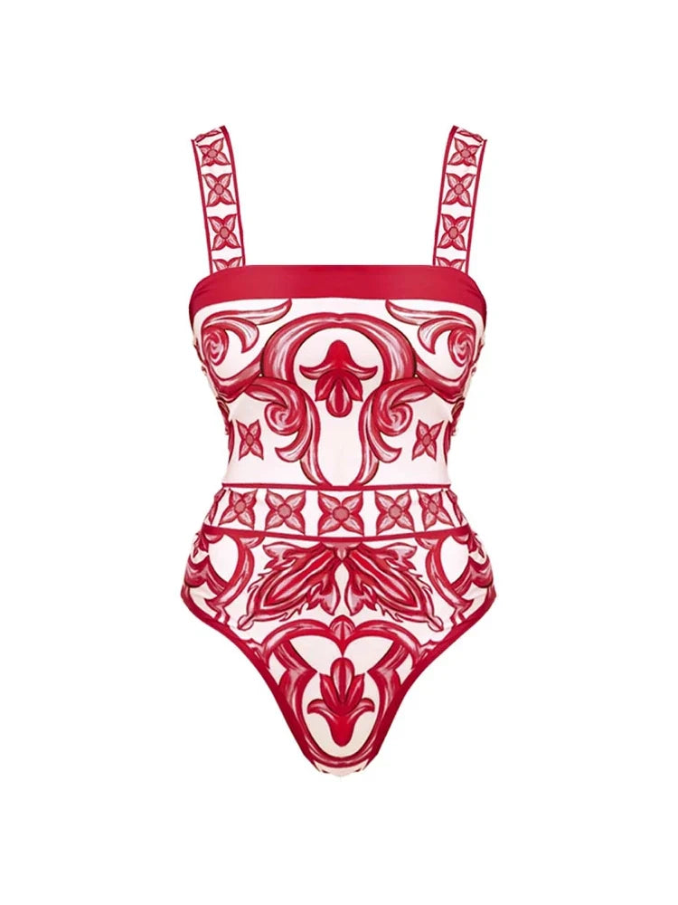 Ethnic Print One-Piece Swimsuit Set