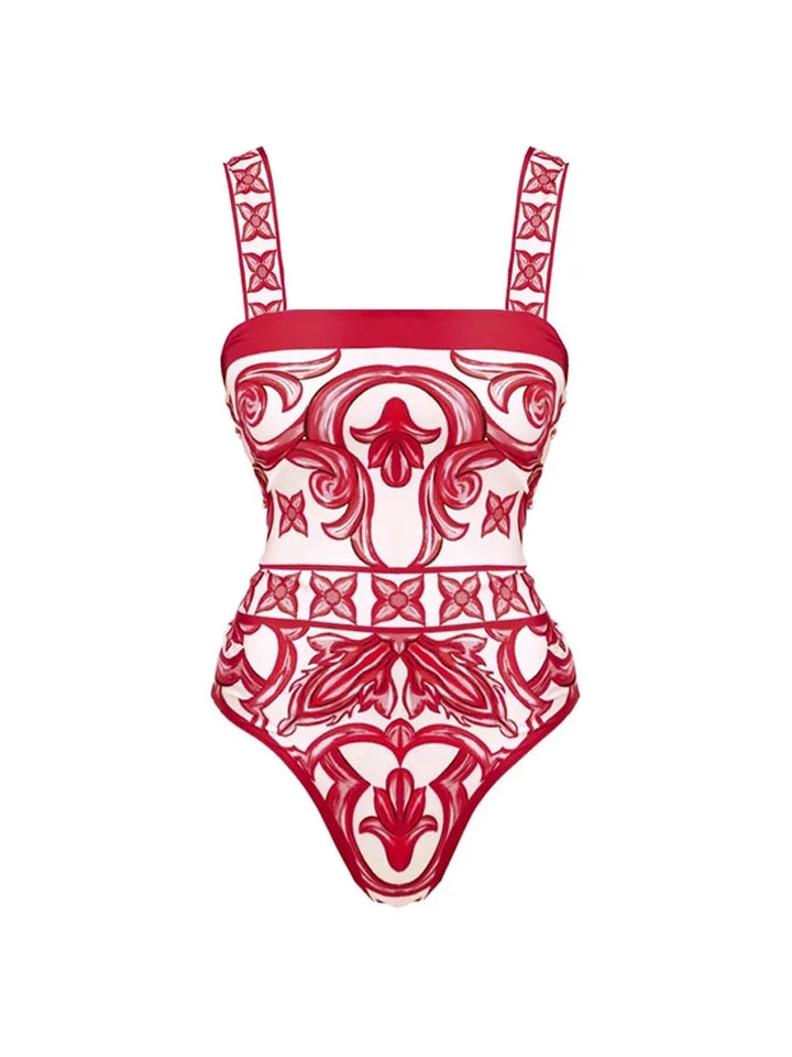 Ethnic Print One-Piece Swimsuit Set