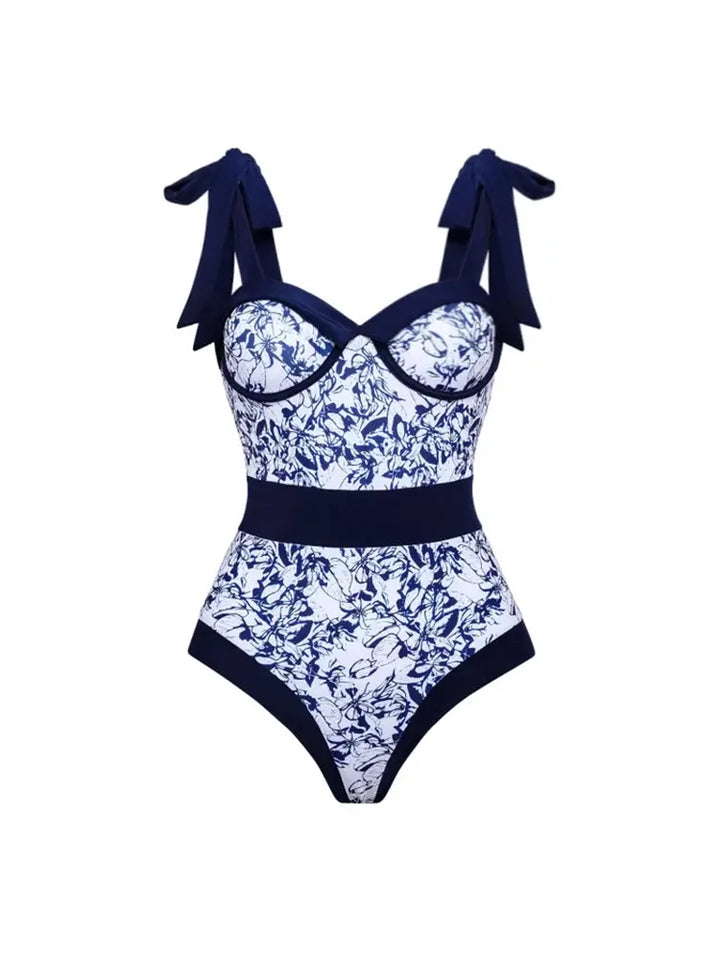 Tie Strap Contrast Print One Piece Swimsuit
