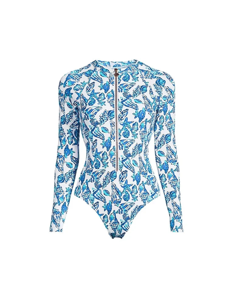 Green Zip-Up Floral Surf Swimsuit Set