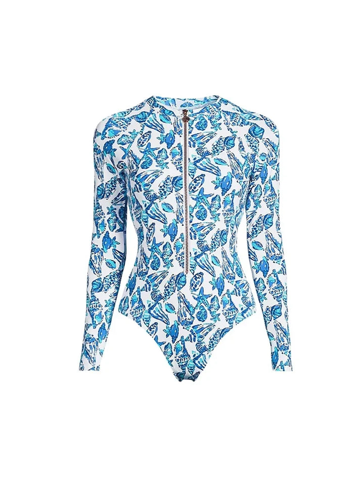 Green Zip-Up Floral Surf Swimsuit Set