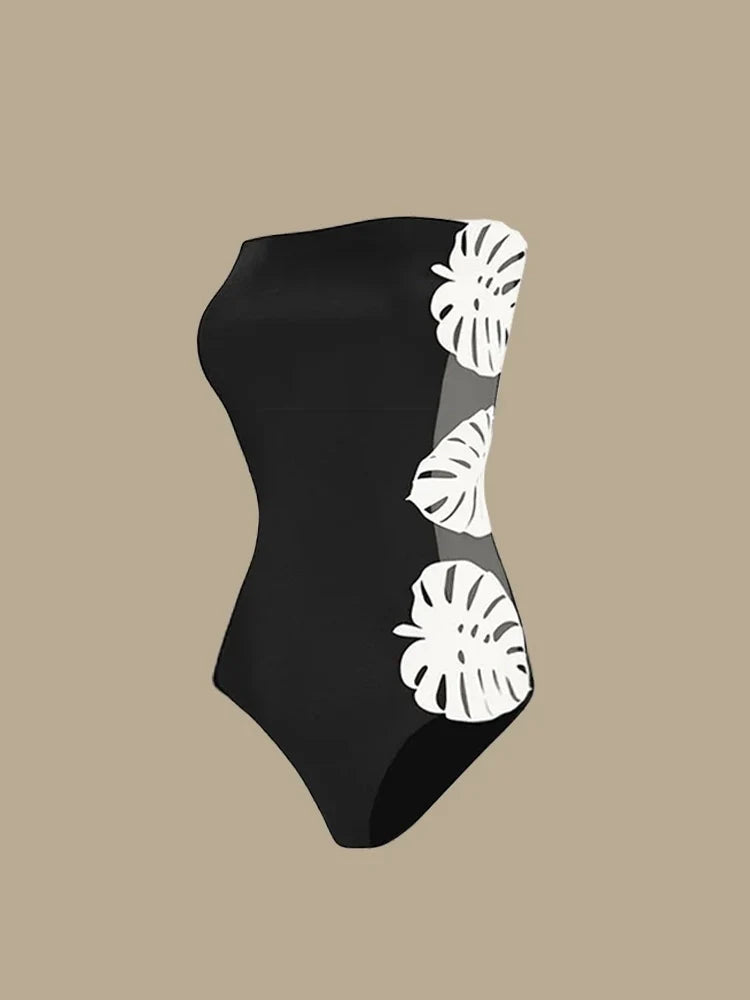 Leaf Patchwork Cutout Strapless Swimsuit