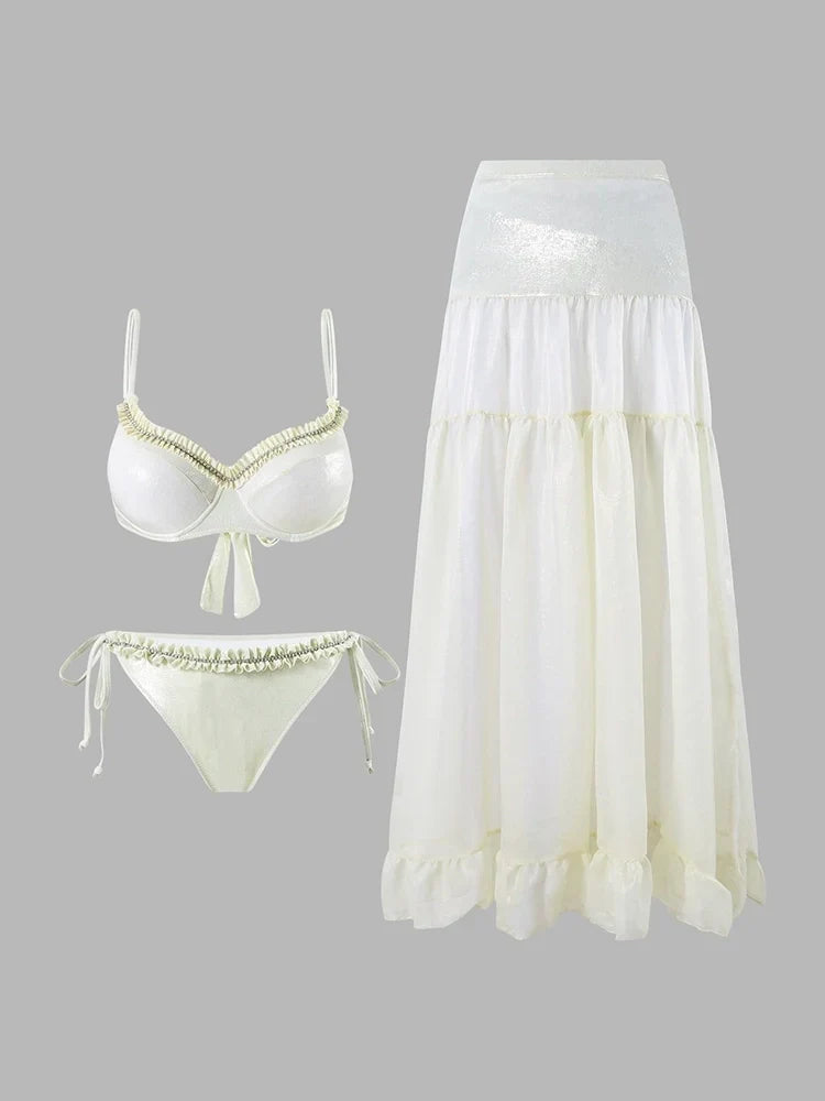 Ruched Tie-String Glossy White Bikini Set