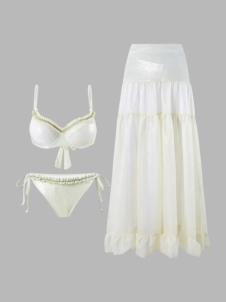 Ruched Tie-String Glossy White Bikini Set