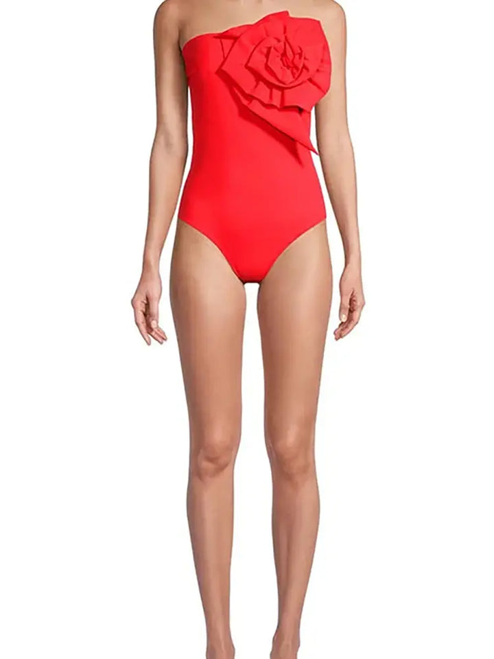 Strapless Floral Accent One-Piece Swimsuit Set