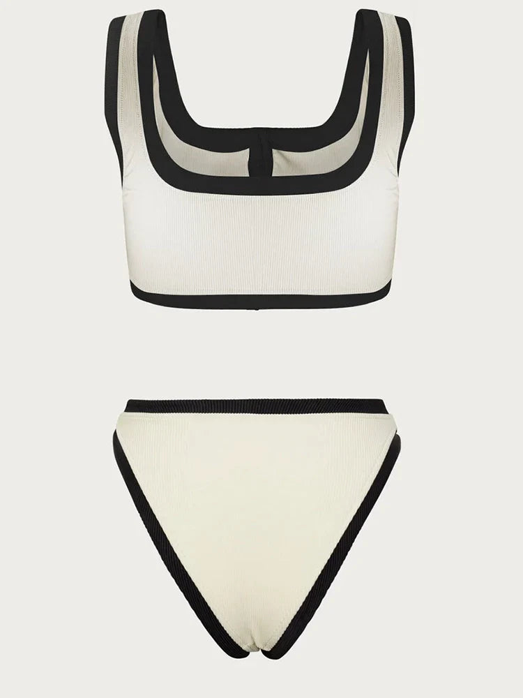 Elegant Contrast Button Detail Two-Piece Swimsuit